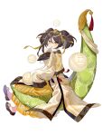  1girl brown_hair clothing_request food_fantasy full_body hair_ornament highres looking_at_viewer official_art pale_skin second-party_source short_hair traditional_clothes twintails yellow_eyes yellow_pea_cake_(food_fantasy) 