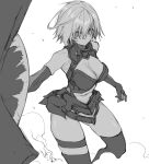  10mo 1girl armor armored_dress bangs bare_shoulders breasts dress elbow_gloves fate/grand_order fate_(series) gloves greyscale hair_over_one_eye highres large_breasts looking_at_viewer mash_kyrielight monochrome shield short_dress short_hair thigh-highs thigh_strap thighs 