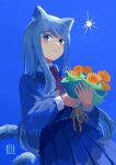  1girl :3 absurdres animal_ears blue_background blue_eyes blue_hair blue_shirt blue_skirt blue_theme bouquet cat_ears cat_tail closed_mouth collared_shirt commentary_request dated flower highres holding holding_bouquet katakai long_hair long_sleeves looking_at_viewer neck_ribbon orange_flower original pleated_skirt red_ribbon ribbon school_uniform shirt simple_background skirt solo sun tail upper_body 