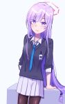  1girl absurdly_long_hair artist_request bangs black_jacket blue_archive blue_necktie halo headgear highres jacket long_hair long_sleeves necktie pantyhose purple_hair skirt solo utaha_(blue_archive) very_long_hair violet_eyes white_skirt 