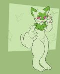  absurdres animal_ears animal_hands cat_ears cat_girl cigarette furry gen_9_pokemon green_fur highres no_humans non-web_source open_mouth pokemon pokemon_(game) pokemon_sv simple_background sprigatito standing tail thick_thighs thighs 