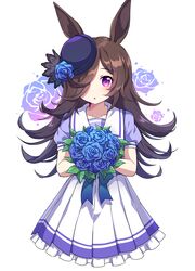  1girl :o absurdres animal_ears bangs black_bow black_hair black_headwear blue_flower blue_rose blush bouquet bow caramell0501 collarbone eyelashes flower frilled_skirt frills hair_over_one_eye hat hat_flower highres holding holding_bouquet horse_ears horse_girl leaf long_hair mini_hat open_mouth pleated_skirt puffy_short_sleeves puffy_sleeves purple_pupils rice_shower_(umamusume) rose school_uniform shiny shiny_hair short_sleeves simple_background skirt solo split_mouth tracen_school_uniform umamusume violet_eyes white_background 