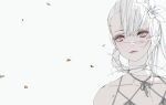  1girl bandages closed_mouth collarbone d.k hair_over_one_eye kaine_(nier) nier nier_(series) short_hair_with_long_locks silver_hair simple_background solo violet_eyes 