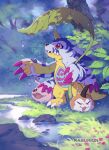  artist_name commentary digimon english_commentary fangs forest gabumon grass holding horns kaburion koromon leaf nature one_eye_closed open_mouth outdoors red_eyes single_horn standing teeth tunomon water_drop 