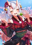  1girl :d absurdres bell black_kimono blue_background blurry blurry_background closed_eyes collarbone dango double_bun eating falling_petals fangs flower_knot food frq4_h gradient_hair hair_bell hair_ornament hands_up happy highres holding holding_food hololive horns japanese_clothes kimono long_hair mask mask_on_head multicolored_hair nakiri_ayame off_shoulder oni_horns oni_mask onigiri outdoors petals red_mask red_shirt redhead sash shirt short_kimono silver_hair smile streaked_hair wagashi wide_sleeves 