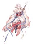  1girl closed_eyes clothing_request facing_to_the_side floral_print flower food_fantasy full_body hair_flower hair_ornament hanabira_mochi_(food_fantasy) highres japanese_clothes official_art pale_skin second-party_source smile traditional_clothes white_hair 