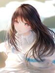  1girl bangs blurry blurry_background brown_eyes brown_hair collared_shirt expressionless frilled_shirt_collar frills highres long_hair looking_at_viewer ojay_tkym original parted_lips shirt sitting solo white_shirt 