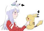  1girl absurdres animal_ears arrow_(symbol) blush_stickers closed_mouth crossover ear_bow eye_contact highres holding holding_pokemon horse_ears jacket long_hair long_sleeves looking_at_another makasero mejiro_mcqueen_(umamusume) pikachu pokemon pokemon_(creature) red_jacket simple_background track_jacket trait_connection umamusume violet_eyes white_background 