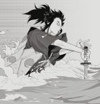  1boy absurdres closed_mouth commentary dororo_(tezuka) florbetriz forehead from_side greyscale highres male_focus monochrome planted planted_sword serious solo sword tied_hair tsurime v-shaped_eyebrows water weapon 