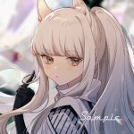  1girl animal_ears arknights black_gloves blurry blush coat depth_of_field eyebrows_visible_through_hair gloves hand_up highres horse_ears index_finger_raised looking_at_viewer naruuuuuunnn platinum_(arknights) ponytail portrait rainbow sample_watermark sidelocks solo white_coat white_hair yellow_eyes 