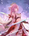  1girl black_gloves breasts dual_wielding fingerless_gloves genshin_impact gloves hair_between_eyes highres holding holding_sword holding_weapon issign japanese_clothes long_hair medium_breasts midriff miko navel pink_hair sideboob skirt solo standing sword violet_eyes weapon wide_sleeves yae_miko 