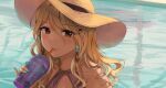 1girl bangs bikini blonde_hair blue_nails blush braid brown_eyes bubble_tea collarbone commentary drinking_straw_in_mouth earrings gijang hair_between_eyes half_updo hat idolmaster idolmaster_shiny_colors izumi_mei jewelry looking_at_viewer medium_hair neck_ring pool portrait reflection reflective_water straw sun_hat swimsuit water