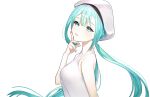  1girl beret blue_eyes blue_hair breasts commentary floating_hair from_side funana hat hatsune_miku head_tilt highres long_hair looking_at_viewer low_twintails medium_breasts parted_lips smile solo symbol-only_commentary twintails vocaloid white_background white_headwear 