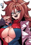  1girl android_21 blue_eyes breasts brown_hair cleavage_cutout clothing_cutout dragon_ball dragon_ball_fighterz dress earrings glasses highres hoop_earrings jewelry labcoat large_breasts laughing long_hair long_sleeves open_mouth simple_background smile solo tukiwani white_background 