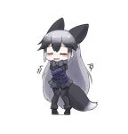  1girl animal_ears black_bow black_bowtie black_footwear black_fur black_gloves black_hair black_legwear black_necktie black_skirt blue_jacket blush bow bowtie closed_eyes commentary_request extra_ears eyebrows_visible_through_hair fox_ears fox_girl fox_tail fur_trim gloves grey_hair highres jacket kemono_friends long_hair long_sleeves multicolored_hair necktie okome_kogashi pantyhose pleated_skirt self_hug silver_fox_(kemono_friends) silver_hair skirt solo tail trembling 