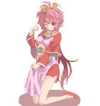  1girl bangs breasts brown_eyes character_request closed_mouth commentary_request dress eyebrows_visible_through_hair full_body hair_ornament kneeling long_sleeves looking_at_viewer medium_breasts medium_hair one_eye_closed pink_hair pink_tabard red_dress red_footwear sangokushi_taisen shimotsuki_nozomi shoes sidelocks simple_background smile solo tabard white_background 