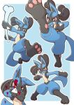  1boy acky battle_pose blood blood_on_face bone closed_mouth commentary_request furry highres holding kicking kicking_at_viewer light_blue_background looking_at_viewer lucario no_humans pokemon pokemon_(creature) red_eyes smile solo spikes weapon 