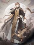  1boy bird brown_eyes brown_hair duck earrings food_fantasy full_body hair_ornament hairclip highres jewelry long_hair looking_at_viewer male_focus official_art pale_skin peking_duck_(food_fantasy) peking_duck_(sp)_(food_fantasy) second-party_source solo traditional_clothes 