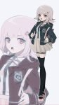  1girl :o backpack bag bangs black_jacket black_shirt blush brown_skirt collared_shirt danganronpa_(series) danganronpa_2:_goodbye_despair dress_shirt etklgsscizgnglq full_body galaga grey_background hair_ornament jacket medium_hair miniskirt multiple_views nanami_chiaki neck_ribbon open_clothes open_jacket open_mouth pink_footwear pleated_skirt ribbon shiny shiny_hair shirt shirt_tucked_in shoes simple_background skirt thigh-highs zettai_ryouiki 