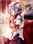  1boy 5girls alcohol apron bangs banner blue_dress blush bow braid closed_eyes closed_mouth cup dress drinking_glass hair_between_eyes hat hat_ribbon highres holding holding_cup hong_meiling izayoi_sakuya maid_apron mob_cap multiple_girls orange_hair pointy_ears purple_hair red_bow red_nails red_ribbon redhead remilia_scarlet ribbon short_hair smile smug solo_focus sorani_(kaeru0768) table touhou twin_braids white_dress white_hair wine wine_glass 