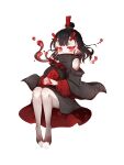  1boy amazake_(food_fantasy) black_hair clothing_request dragon_boy dragon_horns earrings food_fantasy horns jewelry looking_at_viewer object_hug official_art pale_skin pointy_ears red_eyes second-party_source solo stud_earrings 