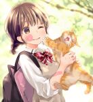  1girl animal backpack bag bandaid bandaid_on_arm bandaid_on_cheek bandaid_on_face bangs blurry blurry_background bow braid breasts brown_eyes brown_hair cat collared_shirt commentary_request depth_of_field diagonal-striped_bow eyebrows_behind_hair hands_up heart holding holding_animal kuga_tsukasa long_sleeves one_eye_closed open_mouth original red_bow school_uniform shirt small_breasts smile solo sweater_vest white_shirt 