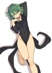  1girl absurdres bangs barefoot black_dress breasts commentary_request covered_navel curly_hair dress foot_out_of_frame green_eyes green_hair highres long_sleeves looking_at_viewer one-punch_man rokoido12 short_hair simple_background small_breasts solo tatsumaki white_background 