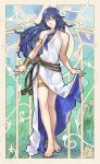  absurdres armlet art_nouveau bare_legs barefoot blue_eyes blue_hair bracelet clothes_lift dress dress_lift fire_emblem fire_emblem_awakening fire_emblem_heroes flower highres jewelry long_hair looking_to_the_side lucina_(fire_emblem) rope_belt smile thefarelo thighlet toes white_dress white_flower 