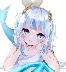  1girl bangs blue_eyes circlet closed_mouth dress fish_tail gawr_gura hands_on_own_cheeks hands_on_own_face highres hololive hololive_english looking_at_viewer lying morumo888 on_stomach shark_girl shark_tail short_hair solo tail virtual_youtuber white_background white_dress white_hair 