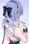  1girl arm_up armpits azur_lane back backless_dress backless_outfit blue_hair bow bracelet breasts chigusa_minori commentary_request dido_(azur_lane) dress facing_away hair_bow hair_twirling hairband jewelry large_breasts looking_away maid ponytail short_hair sideboob 