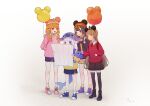  4girls absurdres backpack bag balloon bangs black_legwear blue_eyes blunt_bangs bow braid brown_hair churro fish_tail gawr_gura gradient_hair highres holding holding_balloon holding_map hololive hololive_english map mickey_mouse_ears multicolored_hair multiple_girls nanashi_mumei ninomae_ina&#039;nis open_mouth oran_030 orange_eyes orange_hair red_eyes red_sweater shark_tail shoes shorts skirt smile sneakers stitch_(lilo_&amp;_stitch) sweater tail takanashi_kiara tentacle_hair thigh-highs twin_braids violet_eyes virtual_youtuber white_hair 