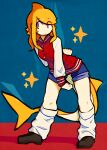  1girl bangs blonde_hair blue_shorts brown_footwear closed_mouth d-floe expressionless eyebrows_visible_through_hair fish_tail full_body head_fins highres jacket leg_warmers long_hair looking_away original red_jacket shark_girl shark_tail shorts solo swept_bangs tail yellow_eyes 