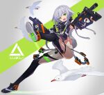 1girl :d bird commentary_request dual_wielding eyebrows_visible_through_hair finger_on_trigger green_eyes grey_hair gun hide448 highres holding holding_gun holding_weapon looking_at_viewer original science_fiction seagull shoes short_hair_with_long_locks smile sneakers solo submachine_gun thigh-highs weapon 