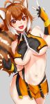  1girl :d absurdres animal_ears antenna_hair bare_shoulders blazblue blush breasts brown_eyes brown_hair chukachuka cowboy_shot fingerless_gloves flipped_hair gloves hair_between_eyes highres large_breasts looking_at_viewer makoto_nanaya midriff multicolored_hair navel short_hair smile solo squirrel_ears squirrel_tail tail two-tone_hair under_boob white_hair 