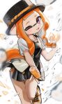  1girl bag blush braid breasts bubble dress handbag hat highres inkling long_hair looking_at_viewer one_eye_closed open_mouth orange_hair shirt shoes short_sleeves small_breasts solo splatoon_(series) tentacle_hair top_hat ume_(plumblossom) 
