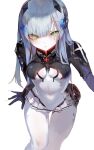  1-gou_(111touban) 1girl blue_hair bodysuit breasts covered_navel cross_hair_ornament expressionless girls_frontline green_eyes hair_between_eyes hair_ornament hair_over_eyes highres hk416_(girls&#039;_frontline) long_hair looking_at_viewer small_breasts solo thigh_gap white_background white_bodysuit 