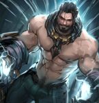  1boy abs bangs beard black_eyes black_hair black_pants collar cowboy_shot energy facial_hair glowing grin highres jang_ju_hyeon league_of_legends looking_at_viewer male_focus metal_collar pants pectorals smile solo sylas_(league_of_legends) teeth topless_male 