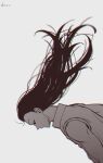  1boy black_eyes black_hair expressionless floating_hair from_side hichi(hichi) highres hunter_x_hunter illumi_zoldyck long_hair male_focus monochrome simple_background solo 