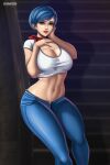  1girl black_background blue_eyes bulma crop_top denim dragon_ball flowerxl jeans lipstick makeup pants realistic short_hair solo tank_top 