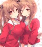  2girls asymmetrical_docking bangs blonde_hair braid breast_press breasts brown_eyes cherry_blossoms commentary_request eyebrows_visible_through_hair hair_between_eyes hair_flaps hair_ribbon heterochromia highres hirune_(konekonelkk) kantai_collection large_breasts light_brown_hair long_hair long_sleeves looking_at_viewer medium_breasts minegumo_(kancolle) multiple_girls murasame_(kancolle) open_mouth petals red_eyes red_shirt remodel_(kantai_collection) ribbon shirt sidelocks simple_background smile twin_braids white_background 