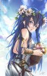  1girl :d basket blue_eyes blue_hair blue_sky blush breasts clear_glass_(mildmild1311) clouds cowboy_shot dress fire_emblem fire_emblem_awakening fire_emblem_heroes flower hair_flower hair_ornament head_wreath highres long_hair looking_at_viewer looking_back lucina_(fire_emblem) official_alternate_costume open_mouth side_slit sky sleeveless sleeveless_dress small_breasts smile solo upper_body white_dress 
