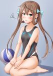  1girl alternate_costume anti_(untea9) asagumo_(kancolle) ball bare_legs beachball black_swimsuit brown_hair competition_swimsuit eyebrows_visible_through_hair gradient gradient_background green_eyes grey_background hair_between_eyes hair_ribbon highres kantai_collection long_hair looking_at_viewer one-piece_swimsuit open_mouth ribbon shadow sitting solo swimsuit twintails twitter_username wariza 