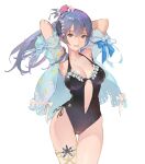  1girl arms_up blue_eyes blue_hair breasts character_request collarbone copyright_request feet_out_of_frame flower hair_flower hair_ornament highres large_breasts navel onacia open_clothes open_mouth ponytail simple_background smile solo standing stomach swimsuit thigh-highs white_background 