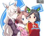  3girls ahoge animal_ears bandaid bangs biwa_hayahide_(umamusume) black_hair blue_eyes breasts character_name closed_mouth ear_ornament earrings fur-trimmed_jacket fur_trim glasses hair_between_eyes horse_ears horse_girl horseshoe jacket jewelry long_hair looking_at_viewer medium_breasts multiple_girls narita_taishin_(umamusume) one_eye_closed parted_lips red-framed_eyewear red_eyes shigino_sohuzi short_hair simple_background single_earring smile two-tone_background umamusume upper_body very_long_hair white_hair winning_ticket_(umamusume) yellow_eyes 