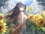  1girl absurdres bangs black_hair blue_eyes blue_sky clouds cloudy_sky dress flower fu_hua gr_greeze hat highres honkai_(series) honkai_impact_3rd long_hair looking_at_viewer looking_to_the_side open_mouth outdoors sky sleeveless sleeveless_dress solo straw_hat sundress sunflower white_dress 