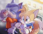  2boys animal_ears blue_eyes chana_(furrytails) commentary_request fox_boy fox_ears fox_tail furry furry_male gloves highres male_focus multiple_boys multiple_tails shoes sneakers sonic_(series) sonic_the_hedgehog tail tails_(sonic) white_gloves 