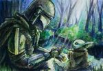  absurdres alien armor baby colored_skin commentary_request din_djarin green_skin grogu helmet highres holding male_focus mandalorian marker_(medium) multiple_boys pointy_ears scenery star_wars the_mandalorian traditional_media yuurai 