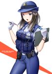  1girl black_eyes black_hair blue_headwear blue_pants blue_shirt blue_vest clipboard english_text female_service_cap gloves hat highres holding holding_clipboard holding_pencil long_hair open_mouth original pants pencil police police_hat police_uniform policewoman shirt solo toshi_(pixiv6514) uniform vest white_gloves 