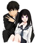  1boy 1girl artist_logo bangs black_hair black_sailor_collar black_shirt black_skirt blunt_bangs chitanda_eru couple frown gakuran green_eyes grey_neckerchief hetero highres hyouka kamiyama_high_school_uniform long_hair looking_at_viewer mery_(yangmalgage) neckerchief oreki_houtarou pleated_skirt sailor_collar school_uniform serafuku shirt short_hair simple_background skirt smile v violet_eyes white_background white_shirt 