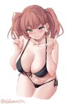  1girl ass_visible_through_thighs atlanta_(kancolle) bangs bikini black_bikini blush breasts earrings ebifurya eyebrows_visible_through_hair front-tie_bikini front-tie_top grey_eyes hands_up highres jewelry kantai_collection large_breasts leaning_forward looking_at_viewer navel one-hour_drawing_challenge parted_lips seductive_smile side-tie_bikini simple_background skindentation smile solo star_(symbol) star_earrings string_bikini swimsuit thighs twintails twitter_username white_background 